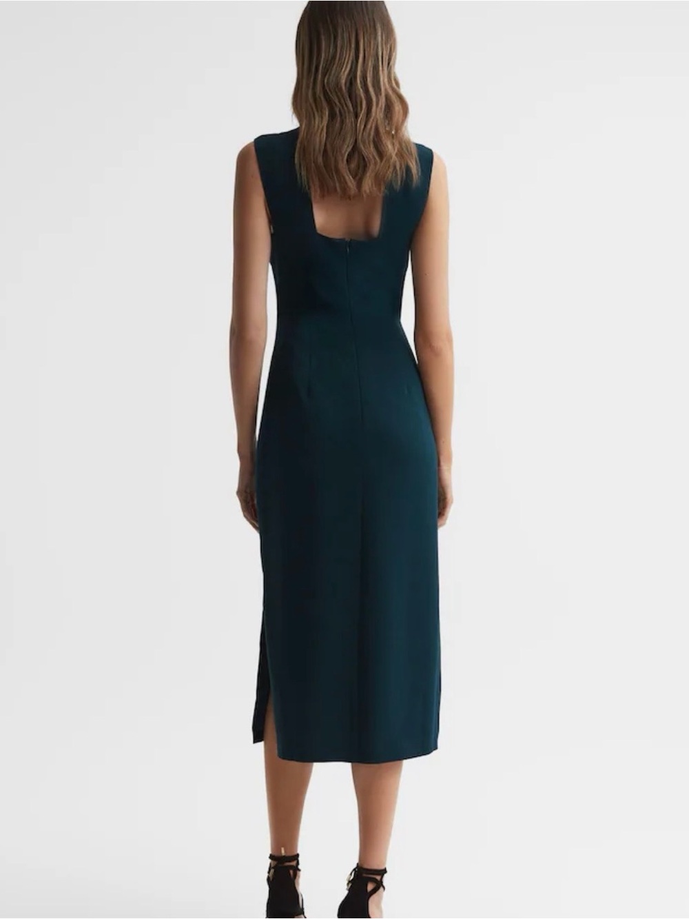 Reiss Deep Teal V-Neck Fitted Wrap Midi Dress - Picture 5 of 8